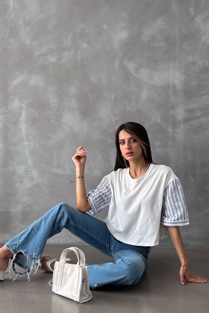 Topshow Koyu Mavi Papatya Nakış Detaylı Toptan Bluz
