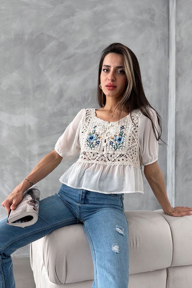 Topshow Taş Krem Nakışlı Toptan Bluz