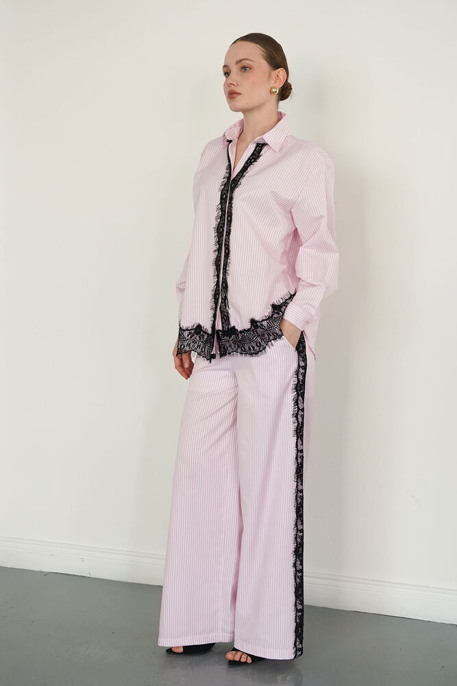 F2083 DANTEL DETAYLI ÇİZGİLİ PANTOLON - PEMBE