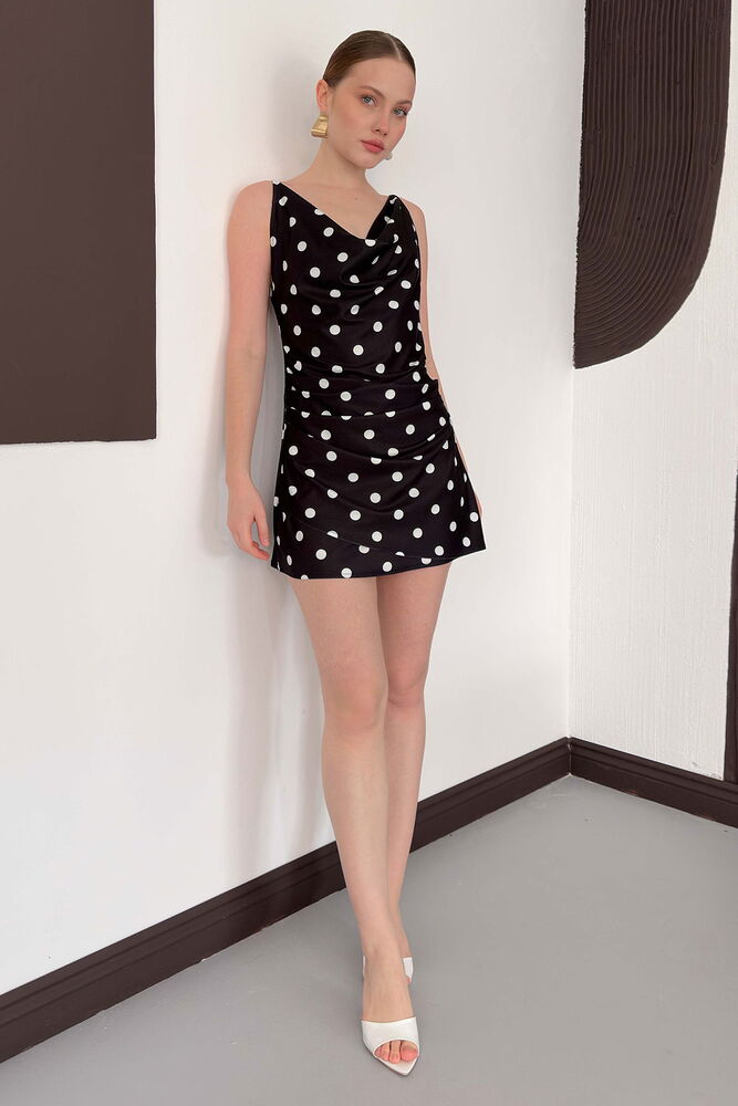 D 3024 PUANTİYE BASKILI ELBİSE - SİYAH KREM