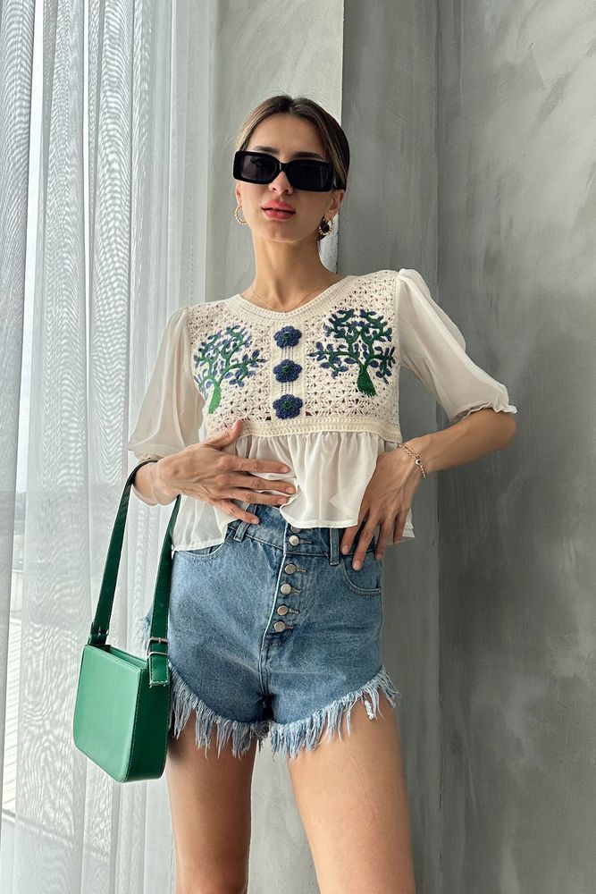 Topshow Taş Saks Nakışlı Toptan Bluz