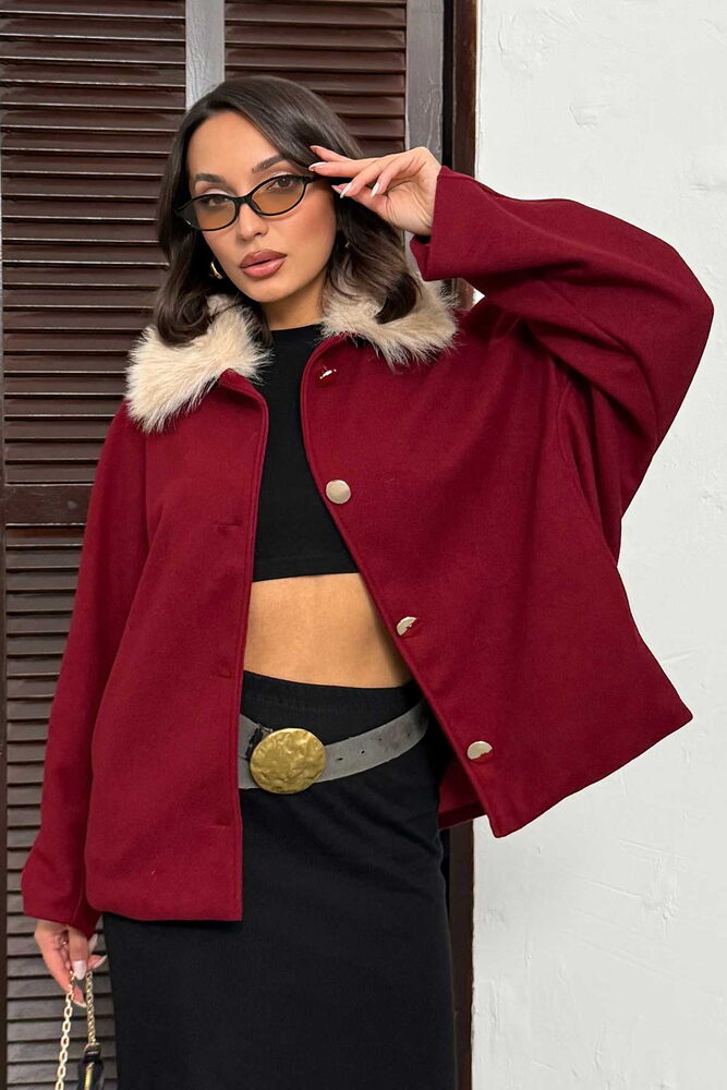 Topshow Peluş Yakalı Dügmeli Kaşe Mont - Bordo | F2048