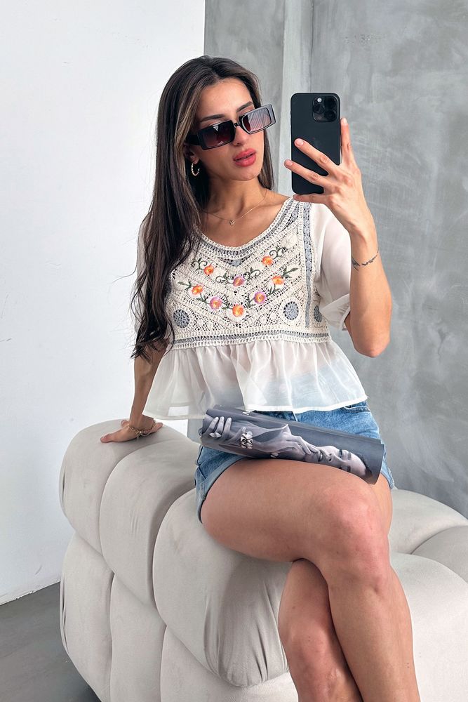 Topshow Taş Gri Nakışlı Toptan Bluz