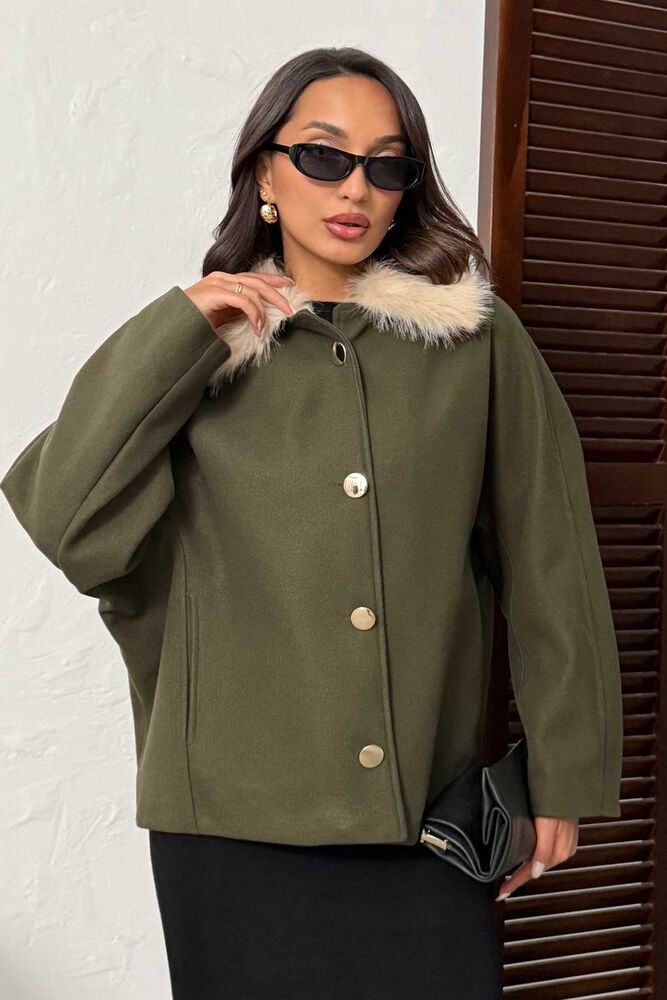 Topshow Peluş Yakalı Dügmeli Kaşe Mont - Haki | F2048
