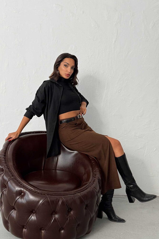 F 2033 FİTİLLİ KADİFE ETEK - KAHVE