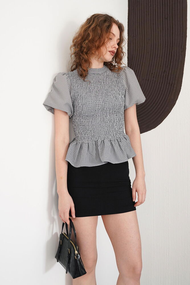 Gipeli Bisiklet Yaka T Toptan Bluz - Siyah | D2999 - Topshow