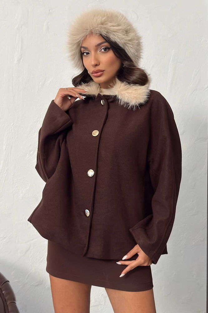 Topshow Peluş Yakalı Dügmeli Kaşe Mont - Kahve | F2048