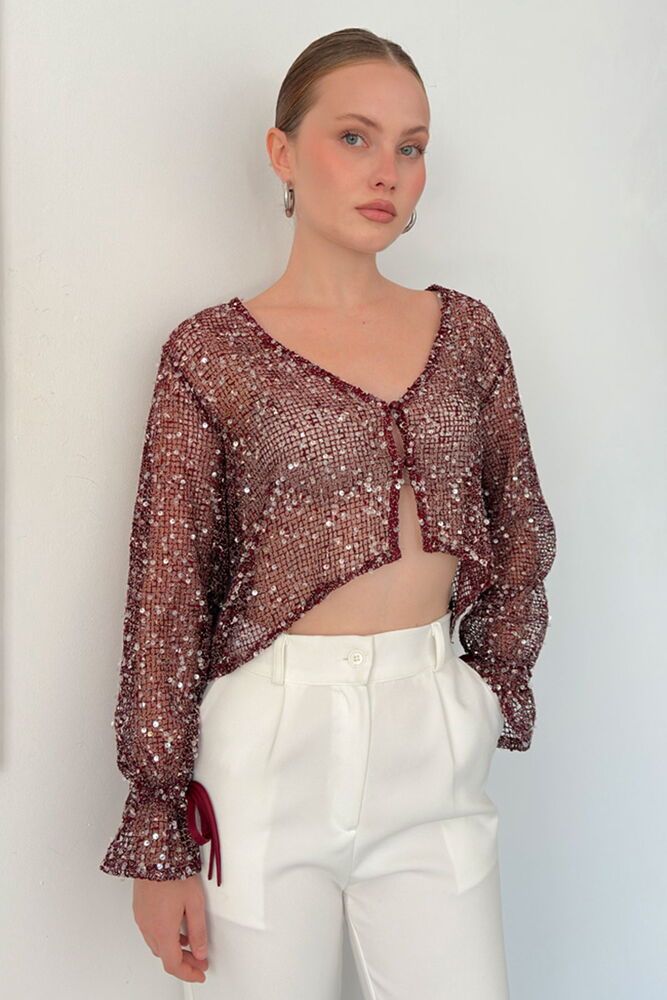 F 2129 PULLU FİLELİ ÖNDEN DÜĞMELİ BLUZ - BORDO