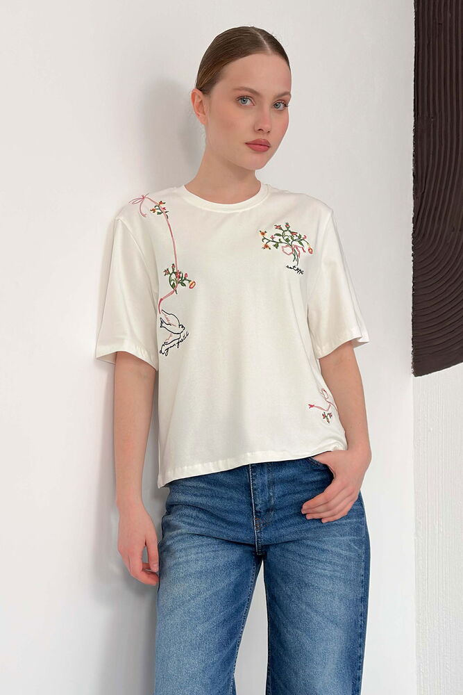 D 3025 NAKIŞLI TİŞÖRT - KREM