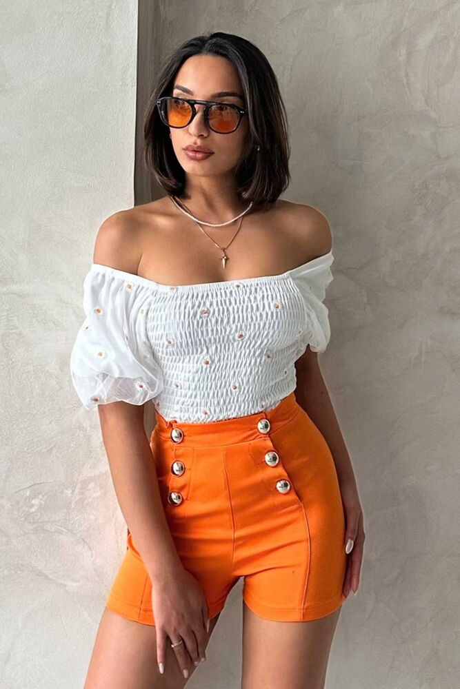 Topshow Krem Gipe Detaylı Desenli Şifon Toptan Bluz