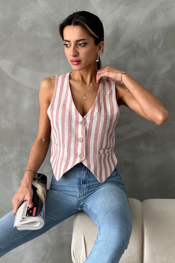 Topshow Pudra Çizgili Klasik Toptan Yelek