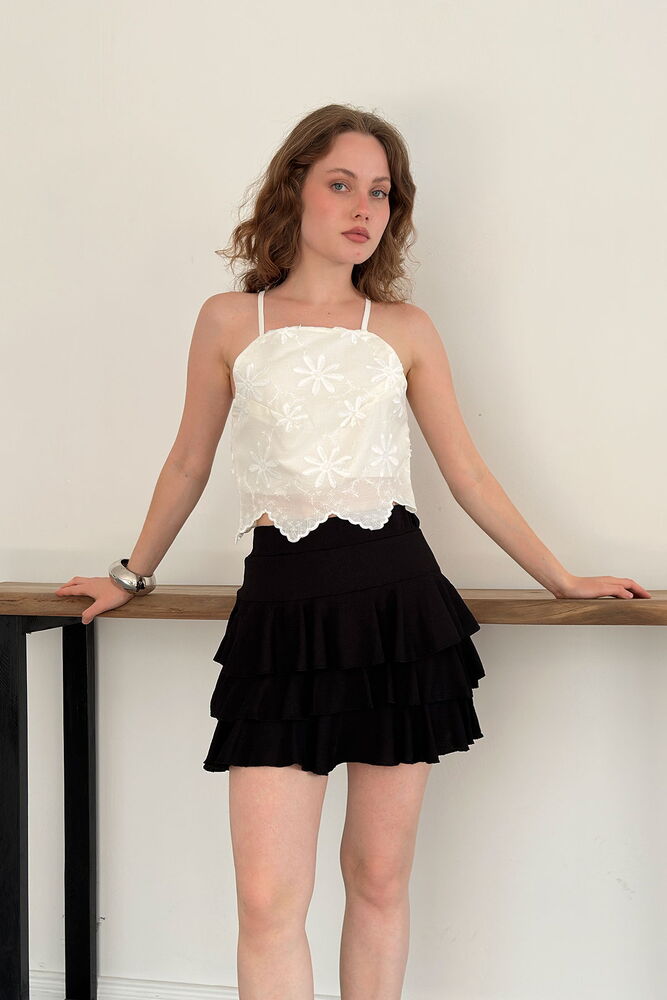 D 3122 ÇİÇEK MOTİFLİ ASKILI BLUZ - TAŞ