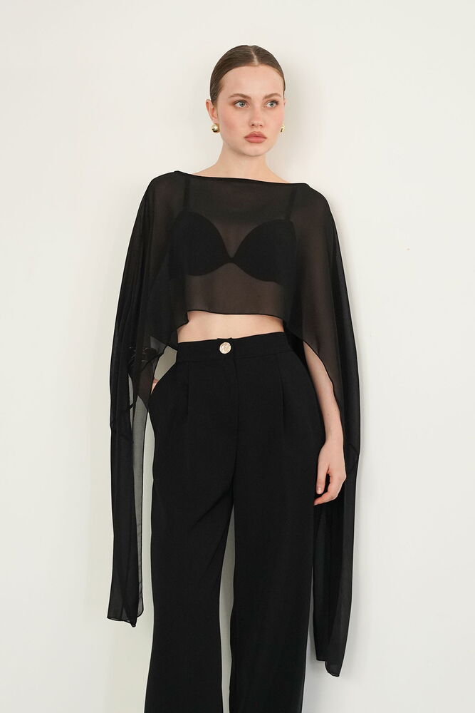 D 2938 ŞİFON PANÇO - SİYAH