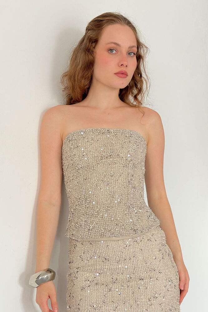 D 3123 PUL PAYET STRAPLEZ BLUZ - TAŞ