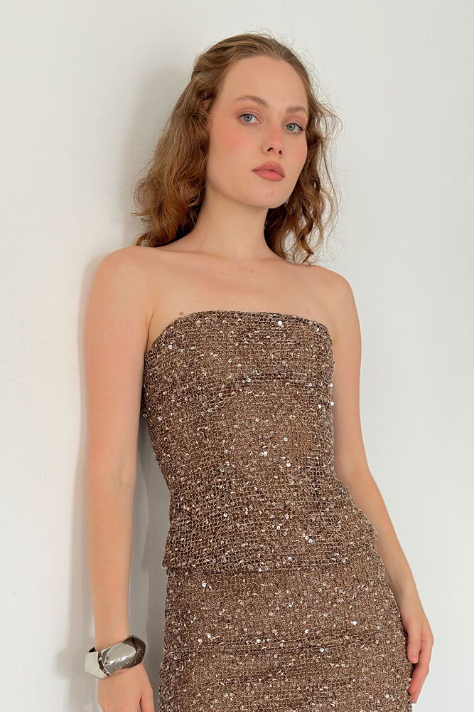 D 3123 PUL PAYET STRAPLEZ BLUZ - KAHVE