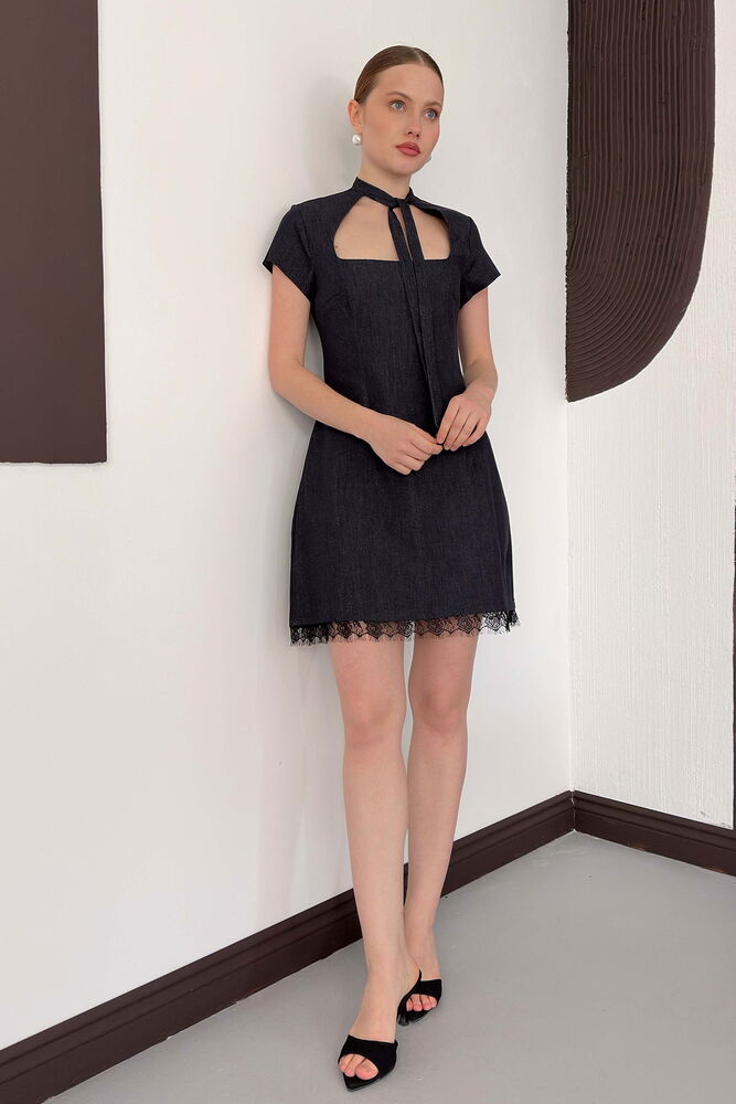 D 3041 DANTEL DETAYLI KOT ELBİSE - LACİVERT