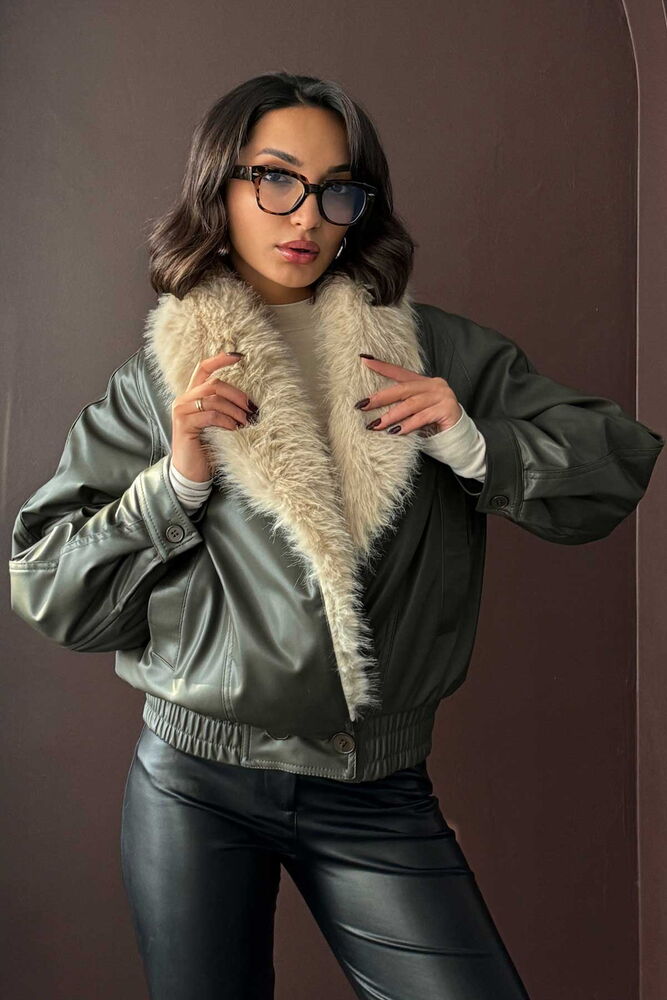 F 2050 YAKASI KÜRKLÜ KRUVAZE DERİ MONT - HAKİ