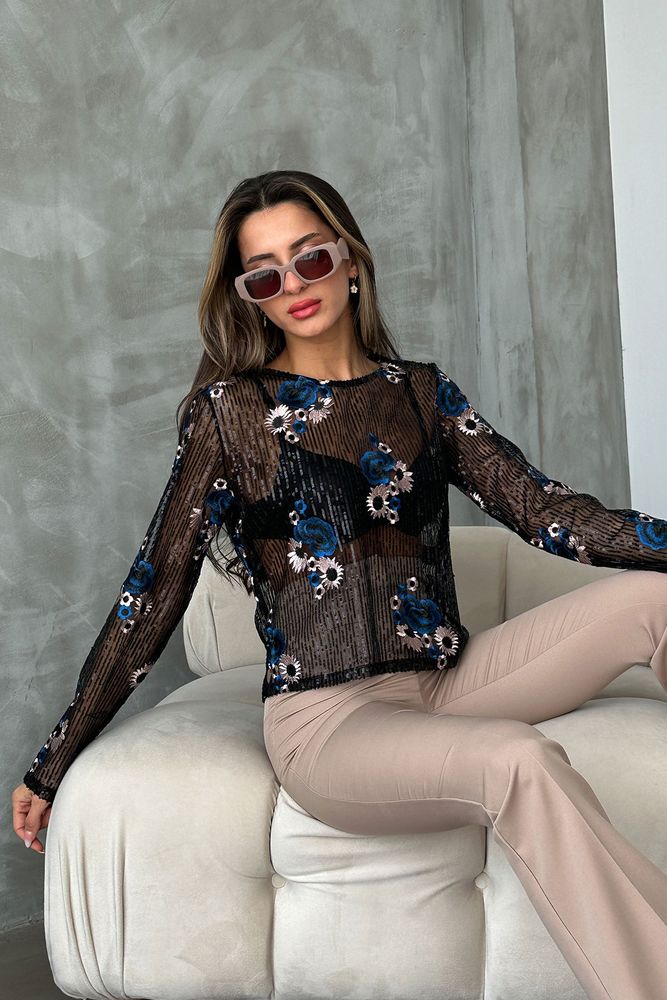 Topshow Siyah Mavi Nakışlı Toptan Bluz