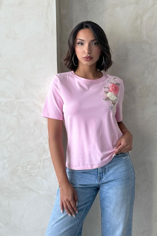 D 2922 ÇİÇEK DETAYLI TİŞÖRT - PEMBE