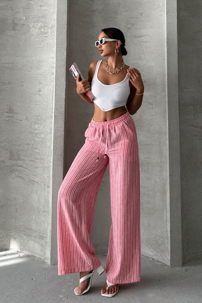 Topshow Pembe Çizgili Keten Toptan Pantolon