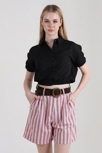 Topshow Fuşya Çizgili Kemerli Keten Toptan Şort