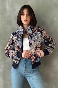 Topshow Lacivert Desenli Crop Toptan Mont