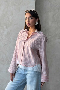 Poplin Detaylı Çizgili Gömlek - Pudra | Topshow