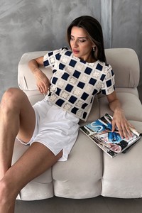 Topshow Ham Lacivert Kısa Kollu Dama Desen Tiğişi Toptan Bluz