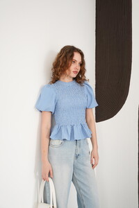 Gipeli Bisiklet Yaka T Toptan Bluz - Saks | D2999 - Topshow