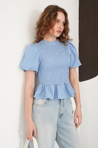 Gipeli Bisiklet Yaka T Toptan Bluz - Saks | D2999 - Topshow