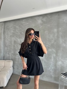 Topshow Siyah Kısa Keten Toptan Elbise #2