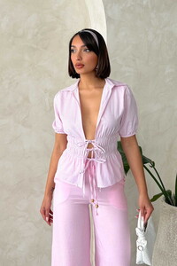D2812 ÖNDEN BAĞLAMALI ÇİZGİLİ GÖMLEK - PEMBE #1