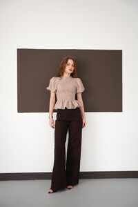 Gipeli Bisiklet Yaka T Toptan Bluz - Kahve | D2999 - Topshow #3