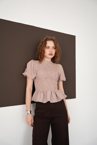 Gipeli Bisiklet Yaka T Toptan Bluz - Kahve | D2999 - Topshow