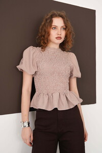 Gipeli Bisiklet Yaka T Toptan Bluz - Kahve | D2999 - Topshow