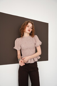 Gipeli Bisiklet Yaka T Toptan Bluz - Kahve | D2999 - Topshow #2