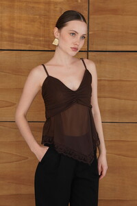 D 2979 ASKILI DANTEL DETAYLI TÜL BLUZ - KAHVE