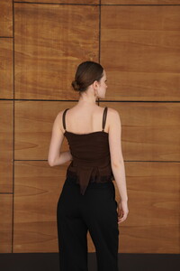 D 2979 ASKILI DANTEL DETAYLI TÜL BLUZ - KAHVE #5