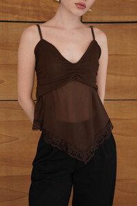 D 2979 ASKILI DANTEL DETAYLI TÜL BLUZ - KAHVE #4