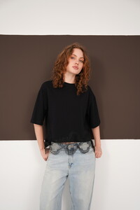 Güpür Detaylı Bisiklet Yaka Toptan T Shırt - Siyah | D3002 - Topshow #2