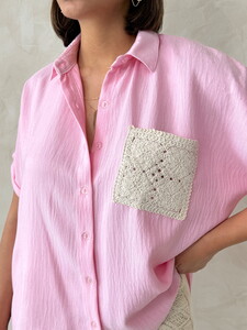 D2360  APLİK CEPLİ KETEN GÖMLEK - PEMBE #4