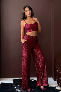 Payetli Geniş Paça Kadın Pantolon - Şık Gece Kombini - BORDO