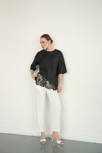 D 2985 DANTEL DETAYLI ÇİZGİLİ T SHIRT - SİYAH #3