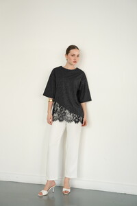 D 2985 DANTEL DETAYLI ÇİZGİLİ T SHIRT - SİYAH #2