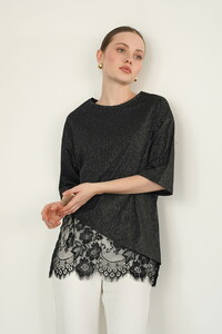 D 2985 DANTEL DETAYLI ÇİZGİLİ T SHIRT - SİYAH