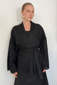F 2164 LAZER KESİM KUŞAKLI SÜET CEKET/KİMONO - SİYAH