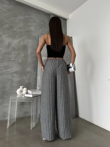 Topshow Siyah Çizgili Keten Toptan Pantolon #5