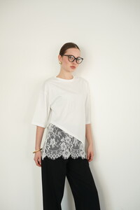 D 2985 DANTEL DETAYLI ÇİZGİLİ T SHIRT - KREM #3