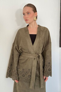 F 2164 LAZER KESİM KUŞAKLI SÜET CEKET/KİMONO - HAKİ