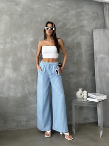 Topshow Mavi Çizgili Keten Toptan Pantolon #3